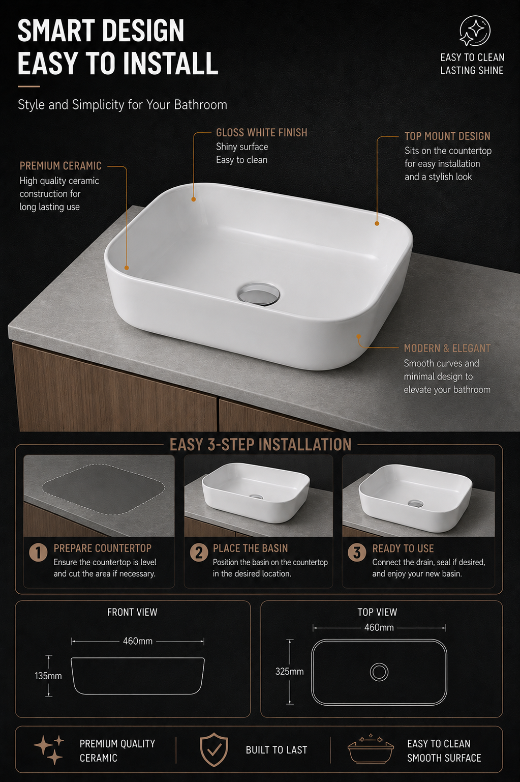 White Top Mount Countertop Basin 460x325mm