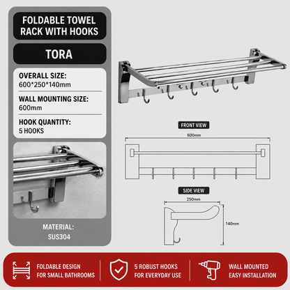 TORA Foldable Towel Rack with Hooks