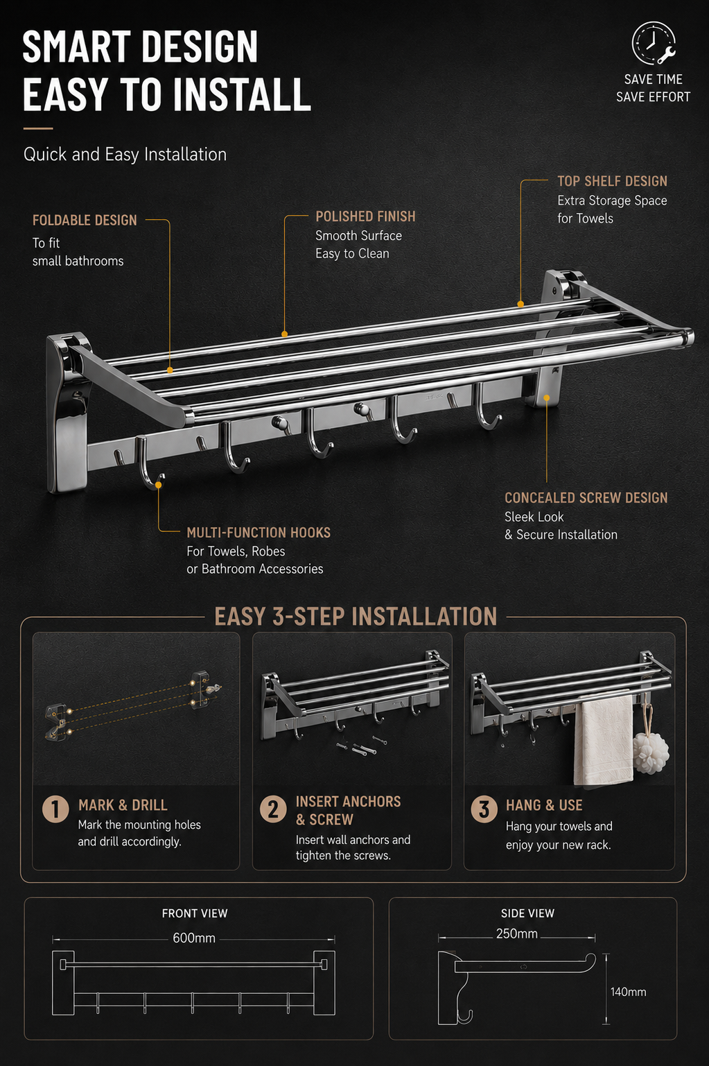 TORA Foldable Towel Rack with Hooks