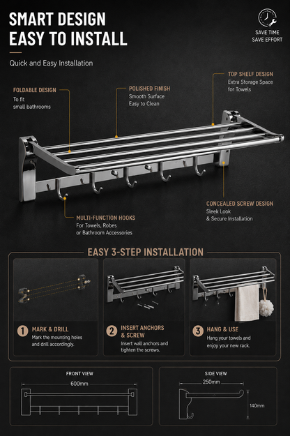 TORA Foldable Towel Rack with Hooks