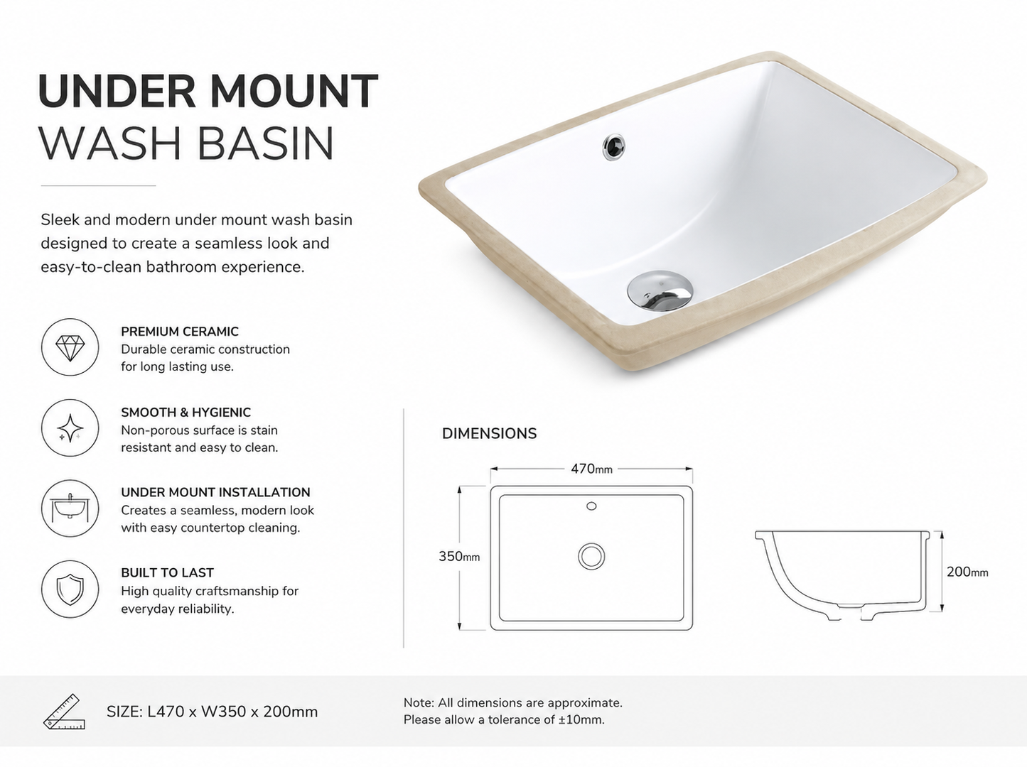 TORA Rectangular Undermount Wash Basin