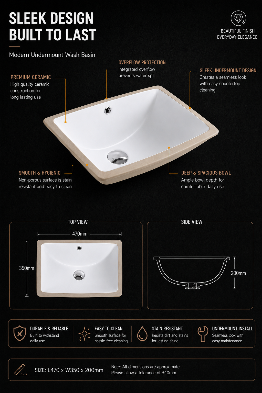 TORA Rectangular Undermount Wash Basin