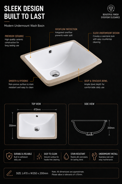 TORA Rectangular Undermount Wash Basin