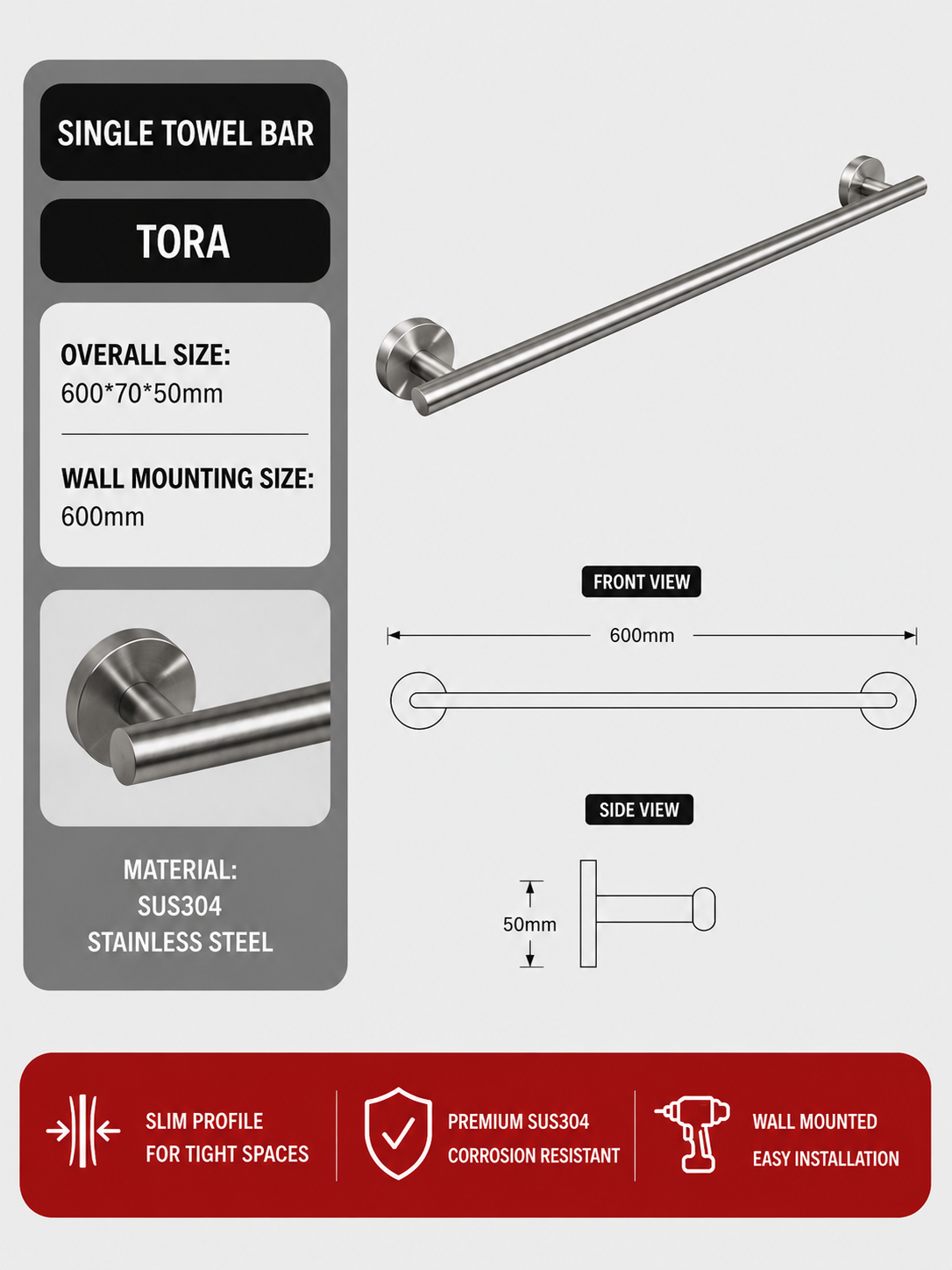 TORA Single Towel Bar 600mm