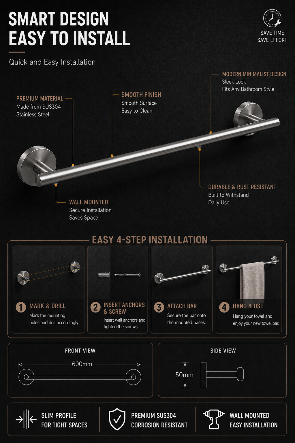 TORA Single Towel Bar 600mm