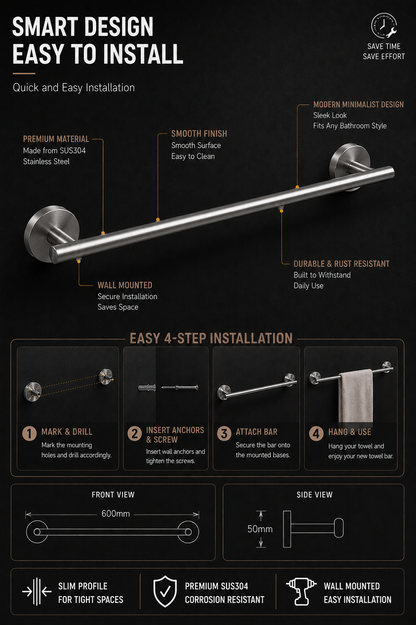 TORA Single Towel Bar 600mm