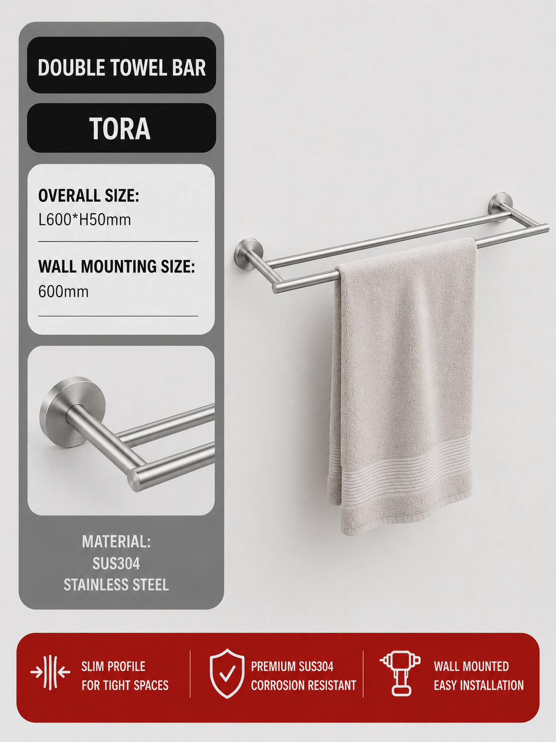 TORA Double Towel Bar 600mm