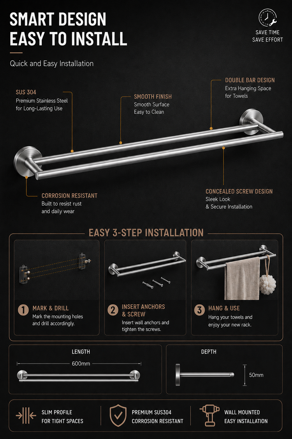 TORA Double Towel Bar 600mm