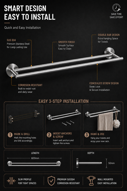 TORA Double Towel Bar 600mm