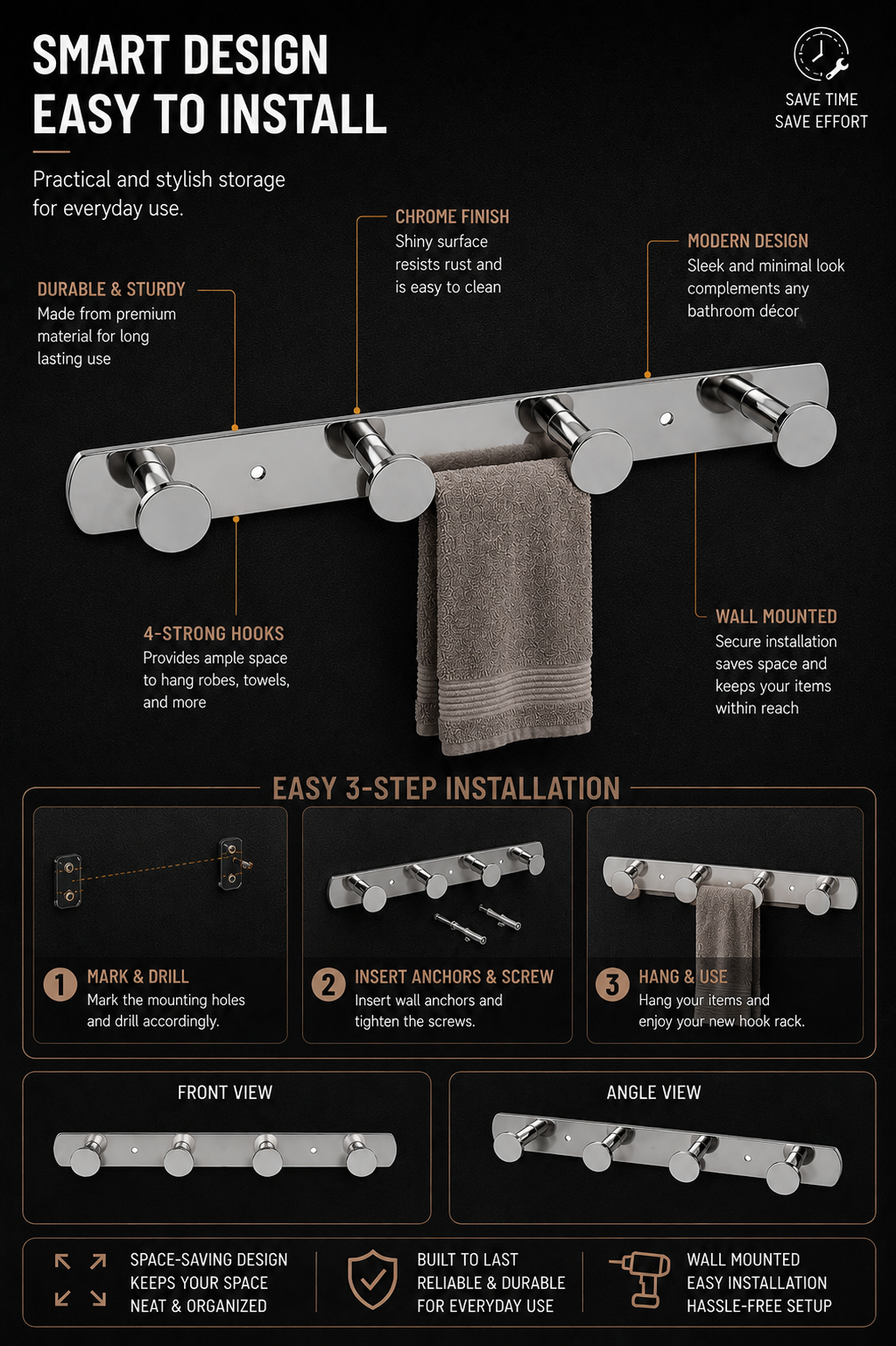 TORA 4-Hook Robe Hook Rail
