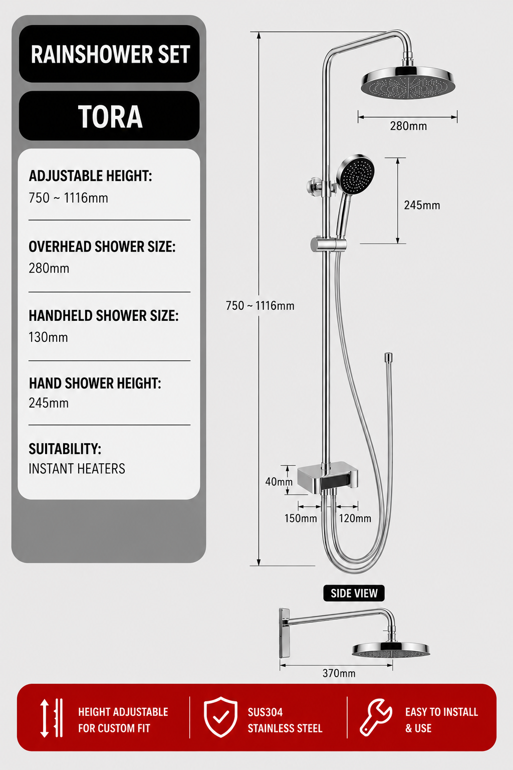 TORA Rainshower Set for Instant Heater