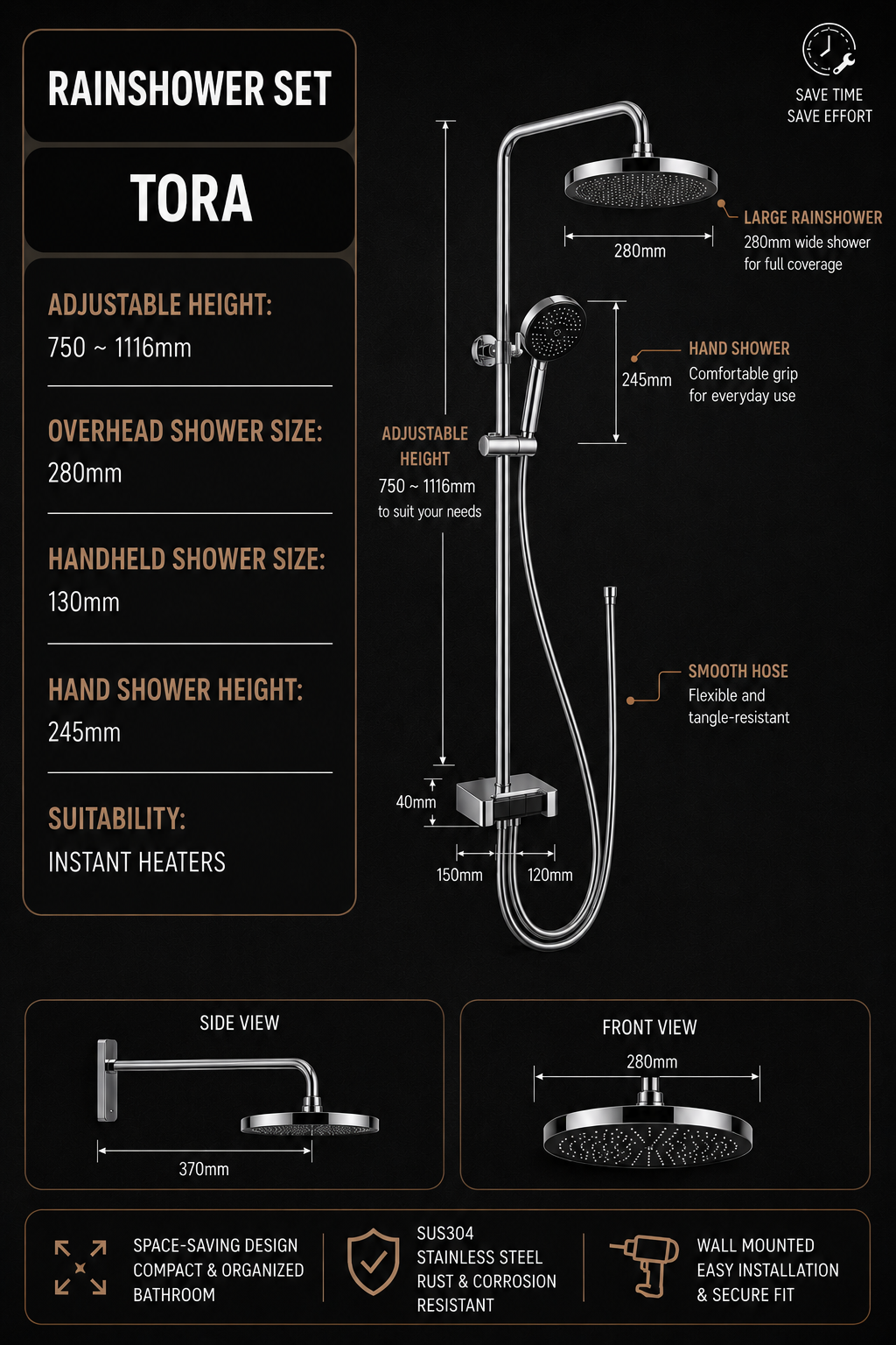 TORA Rainshower Set for Instant Heater