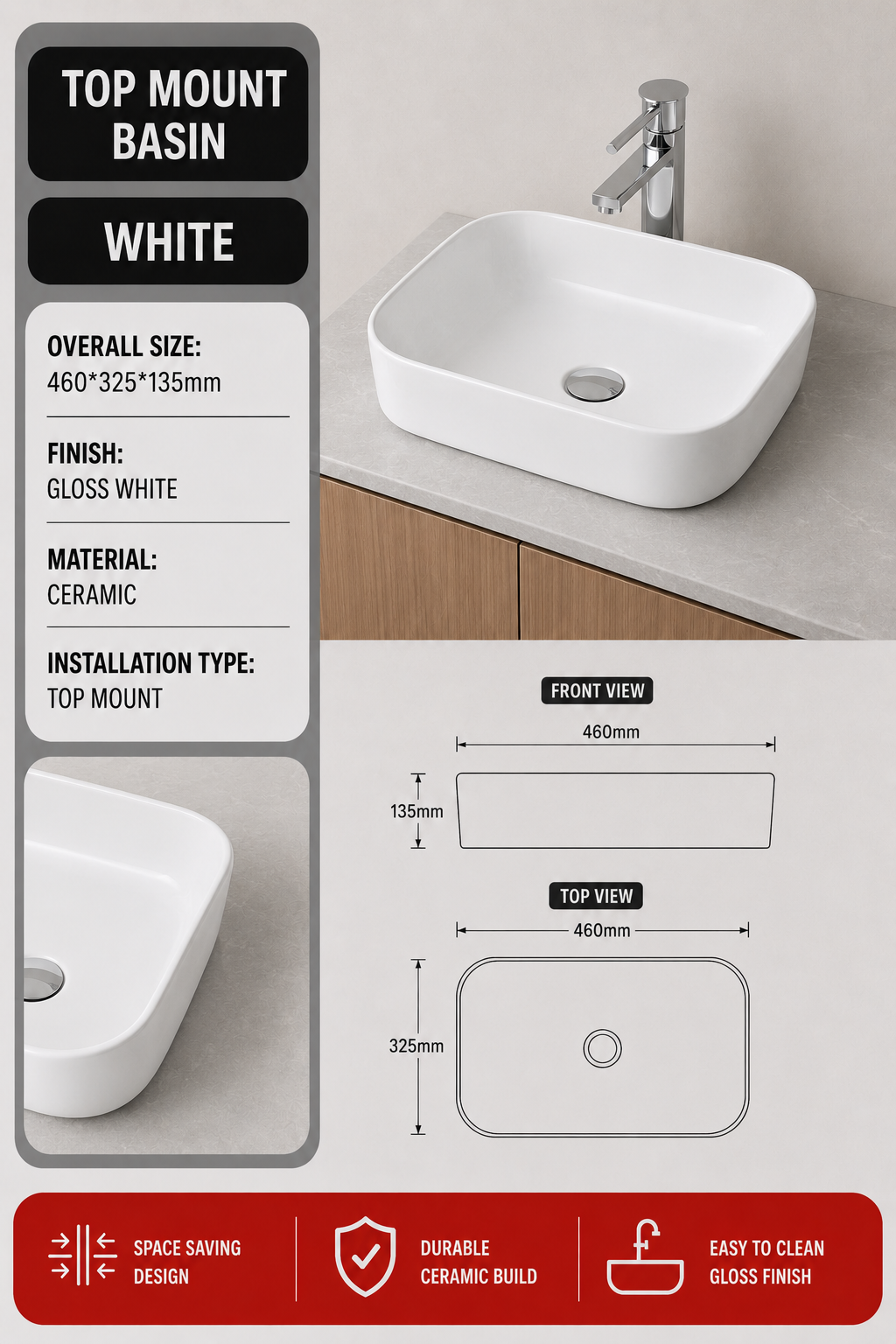 White Top Mount Countertop Basin 460x325mm