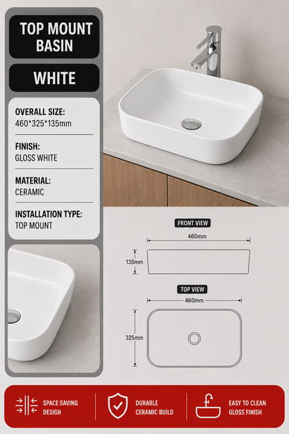 White Top Mount Countertop Basin 460x325mm