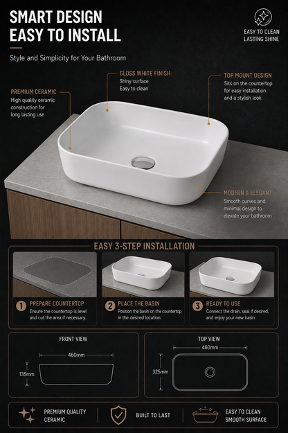 White Top Mount Countertop Basin 460x325mm
